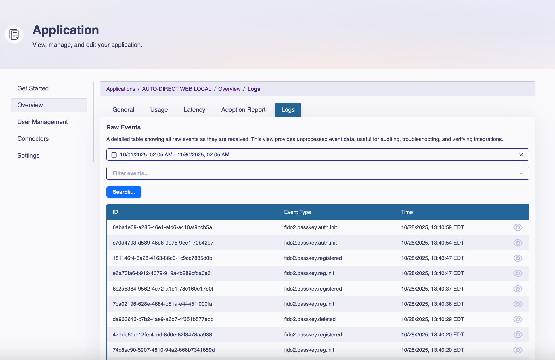Raw Logs section in the LoginID dashboard showing event list and detail view