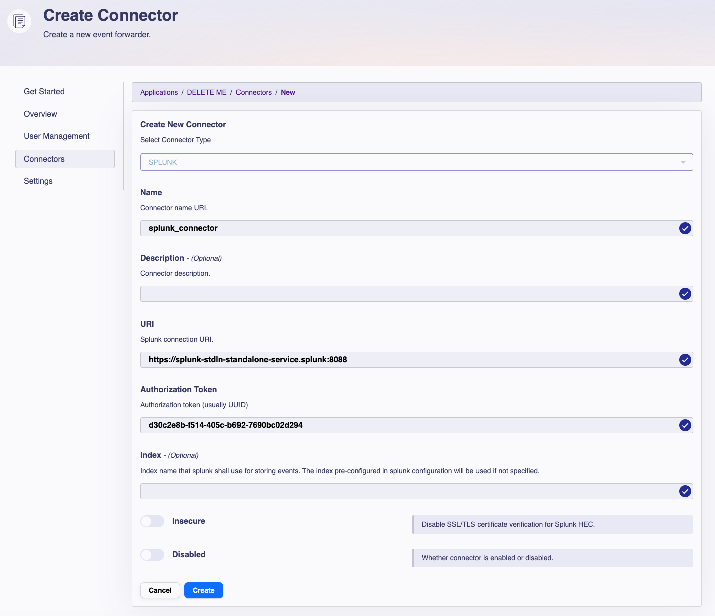 Splunk Connector creation form in LoginID Dashboard