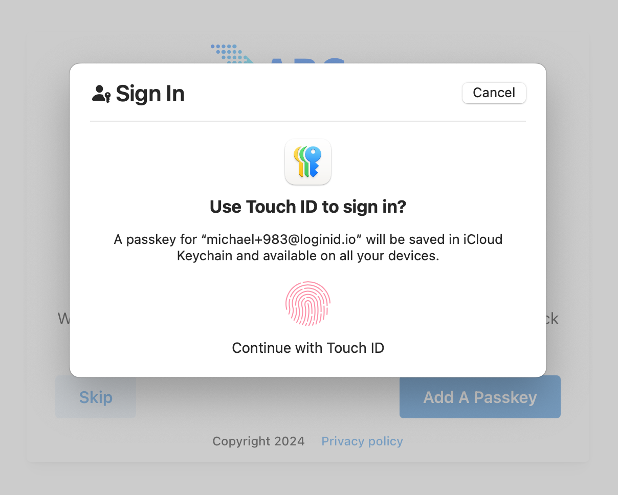 User is Creating a Passkey